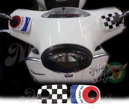  GO BABY GO Blue target and checkered flag Handlebar pump covers overlay Left and Right 3D Decals for various Vespa GTS models